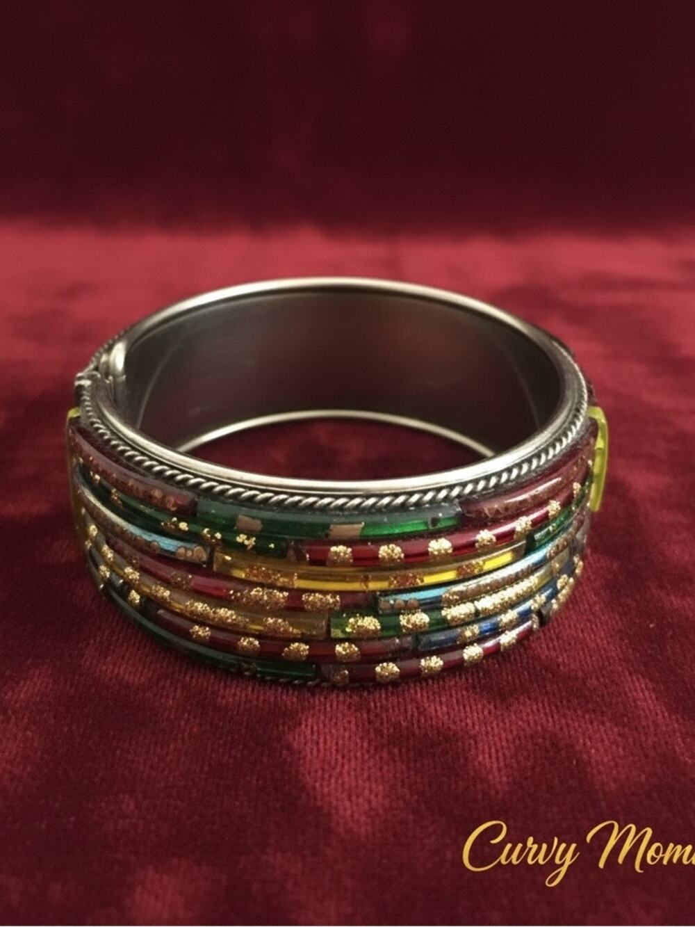 Vintage Multicolor Glass and Gold Accent Stackable Bangle Bracelet